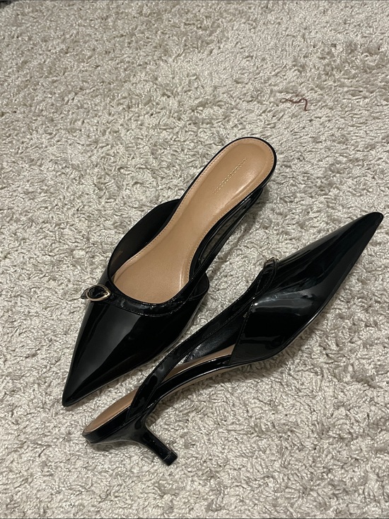 Anthropologie Shoes - Anthropologie Black Patent Pointed-Toe Slingback Mules with Gold Buckle